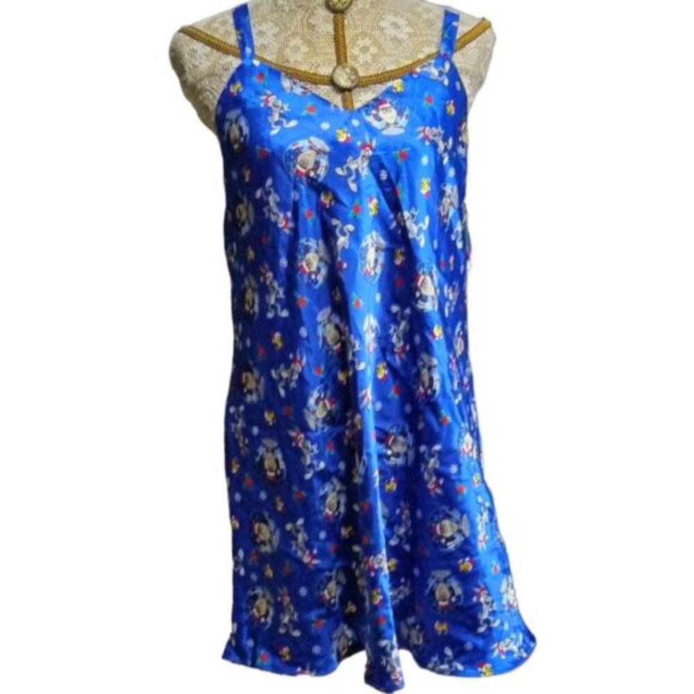 Vintage 90s Looney Tunes blue‎ satin Christmas nightie cami